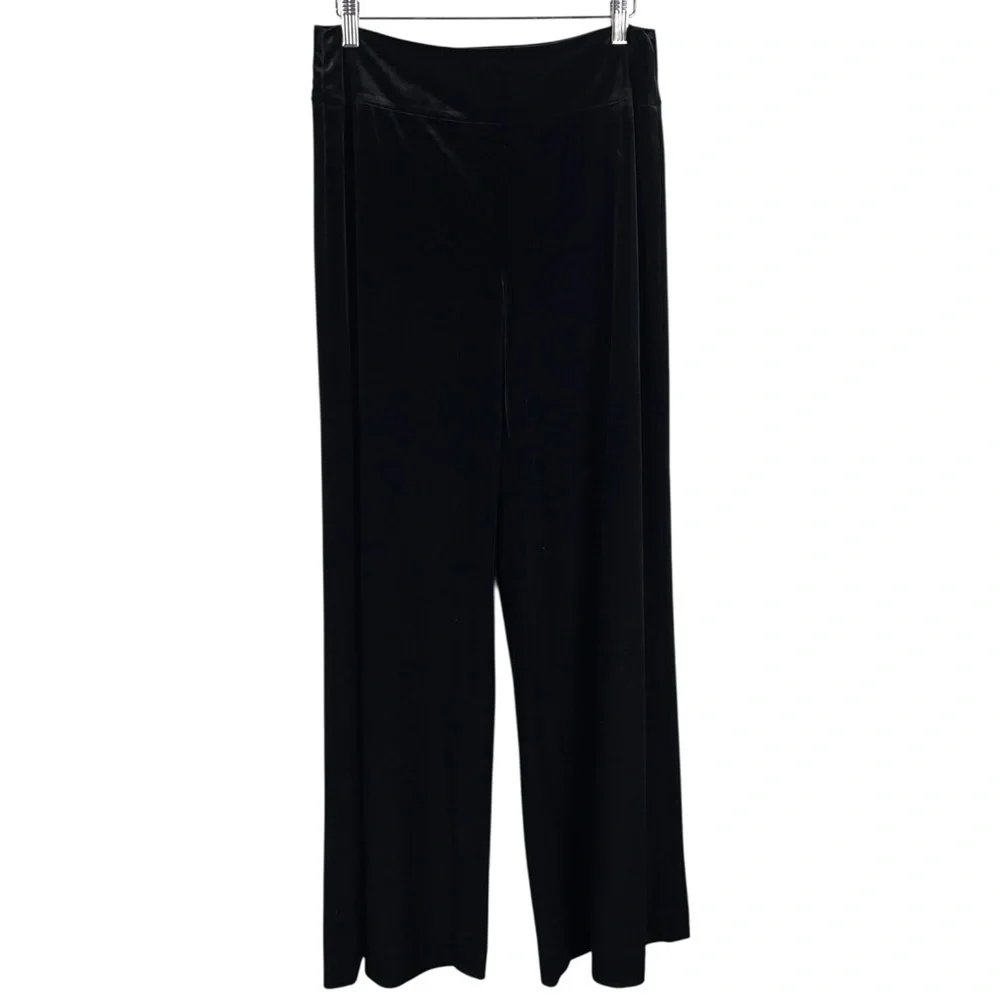 EMILY SHALANT BLACK STRETCH VELVET PULL ON WIDE LEG TROUSER PANTS